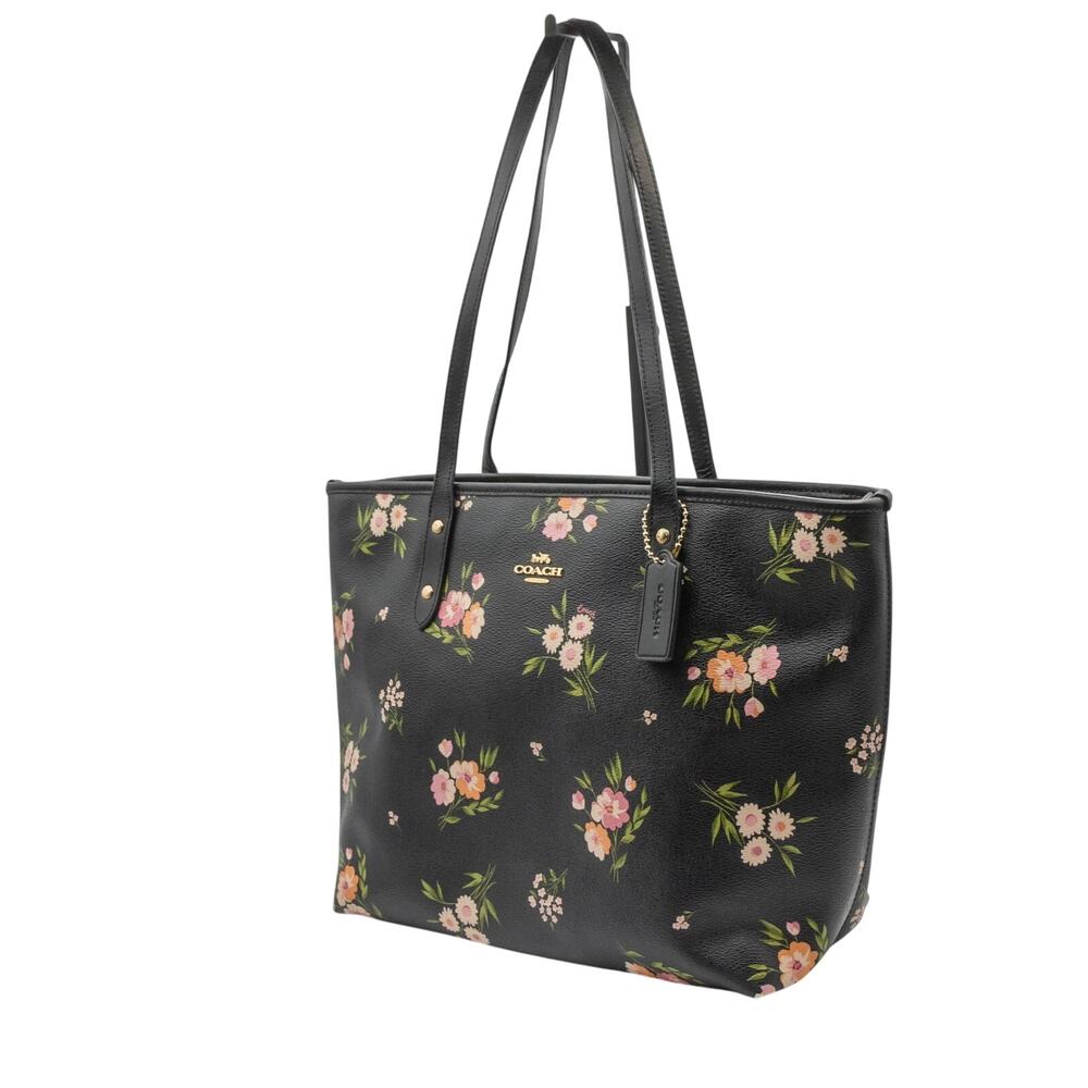 Large Women's COACH Purse Black Leather City Tote Bag Daisy Print Handbag